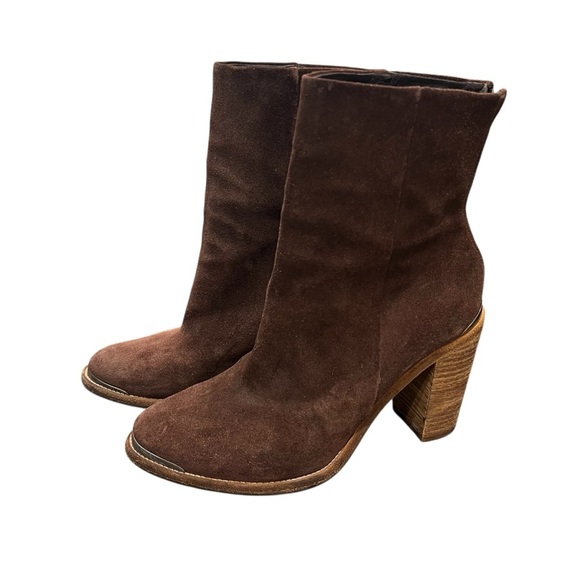 ALLSAINTS Suede Leather Boots Stacked Heel Booties Chocolate Brown Size 39 - Picture 5 of 12